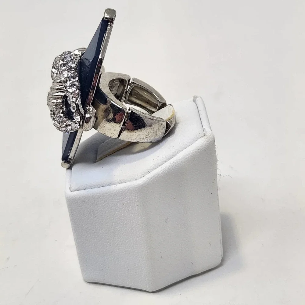 Crystal Pave Blue Faux Stone Cocktail Statement Stretch Ring Silver Tone Chunky